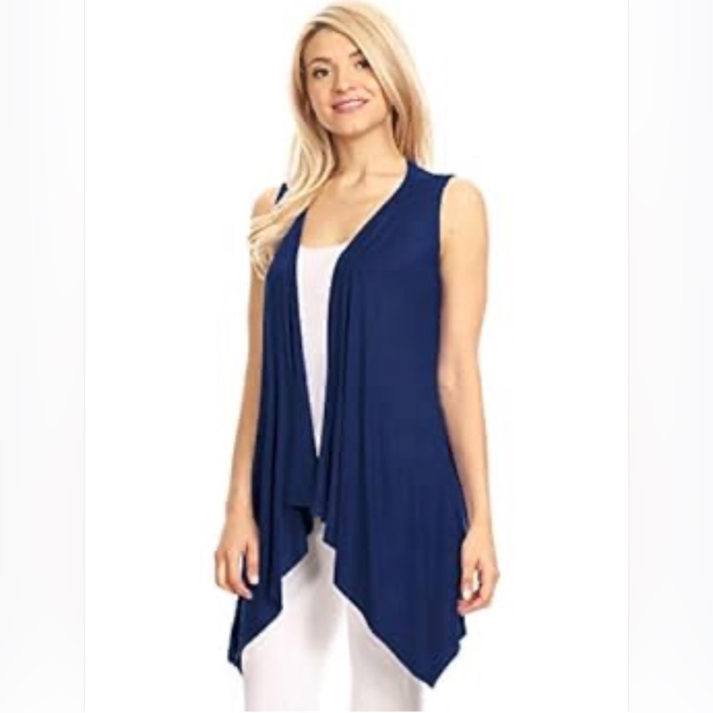 women's navy blue sleeveless asymmetrical tunic vest